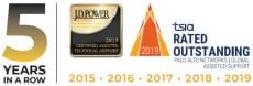 This image shows the emblems Palo Alto Networks earned from J.D. Power and TSIA for outstanding assisted support for five years in a row.
