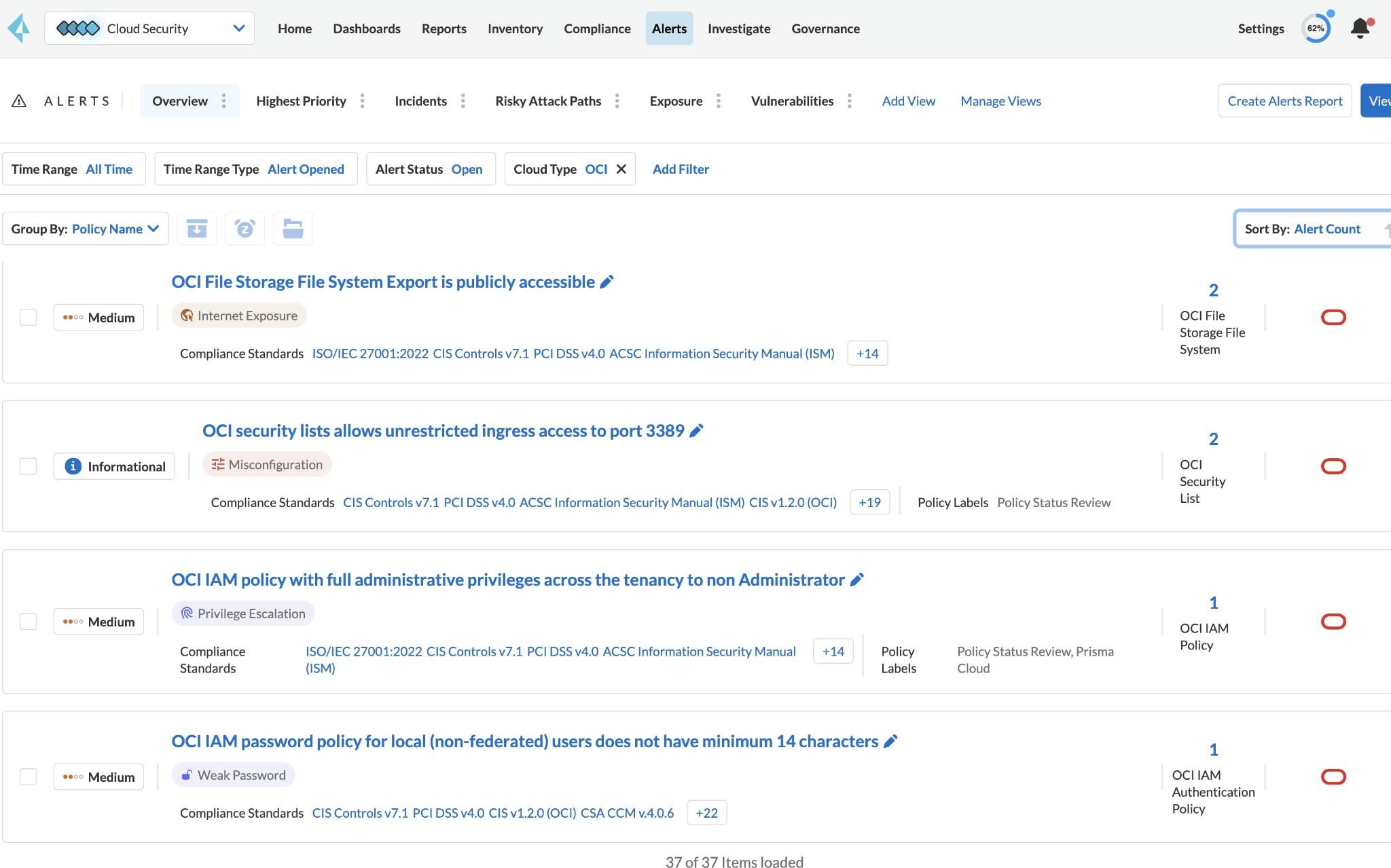 Prisma Cloud Console shows security alerts for OCI 