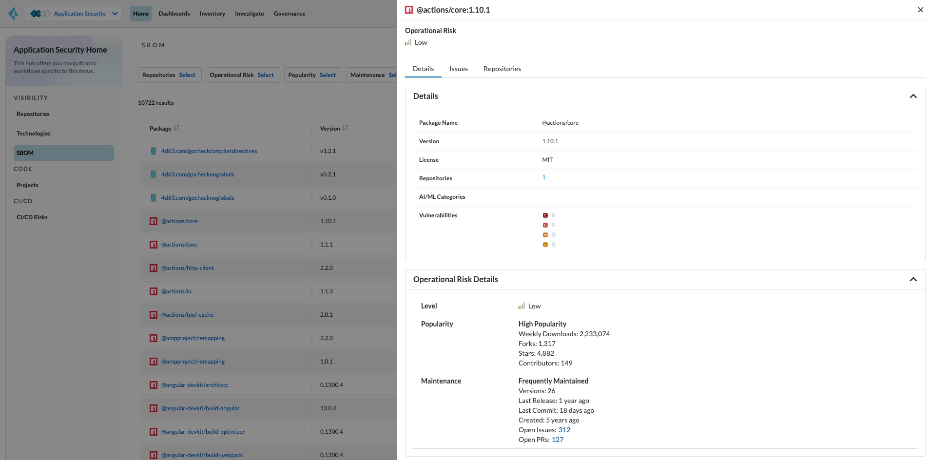 View a package’s operational risk with the Operational Risk column in the Prisma Cloud SBOM dashboard.