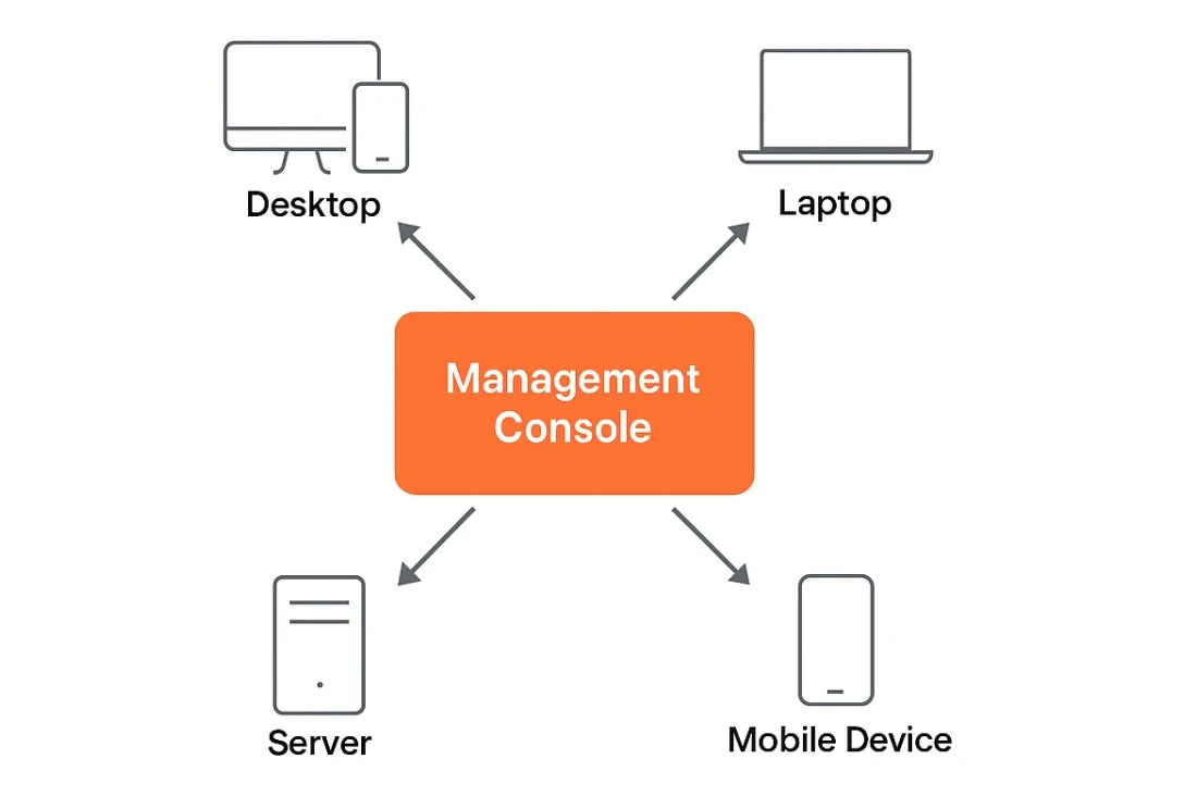 A centralized management console is installed on a network server or in the cloud, and client software is installed on each endpoint device. Central management console connected to endpoint devices, showing continuous monitoring and protection.